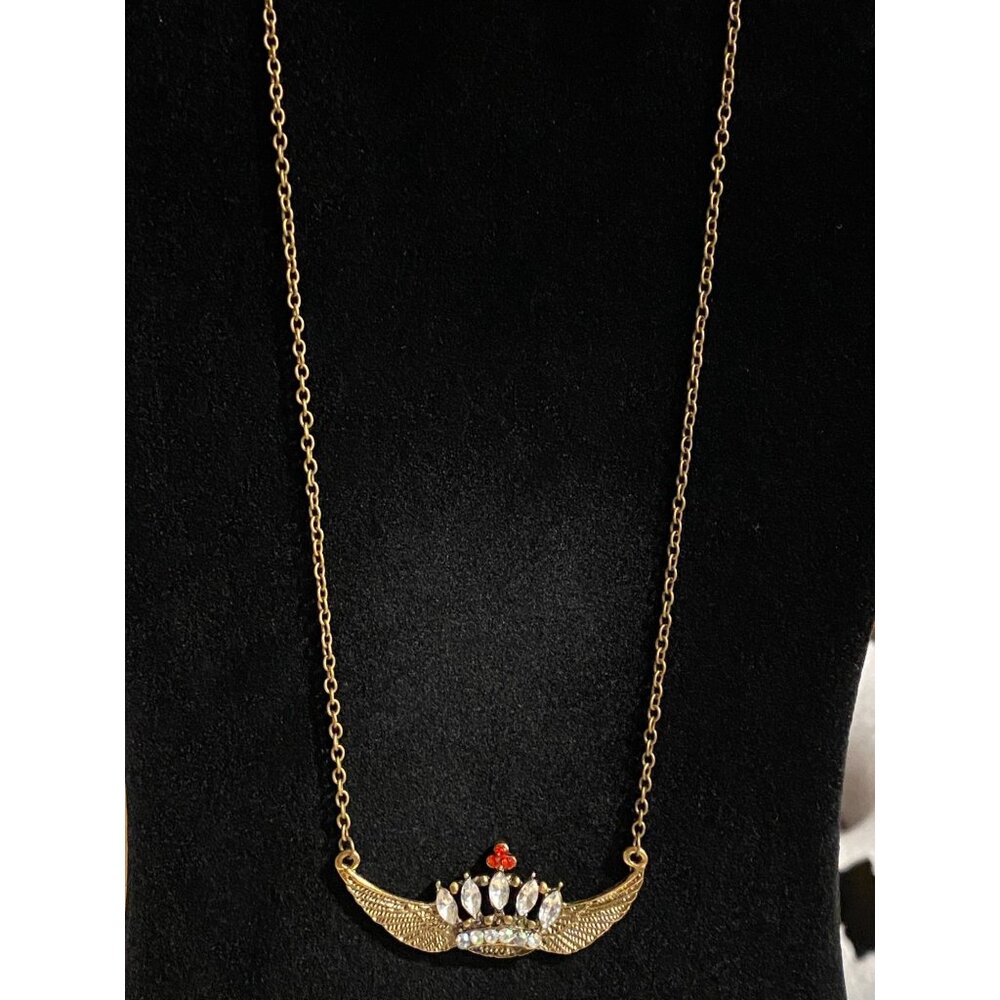 Vintage Gold-Tone Necklace With Crown Pendant & Rhinestones - Picture 2 of 4
